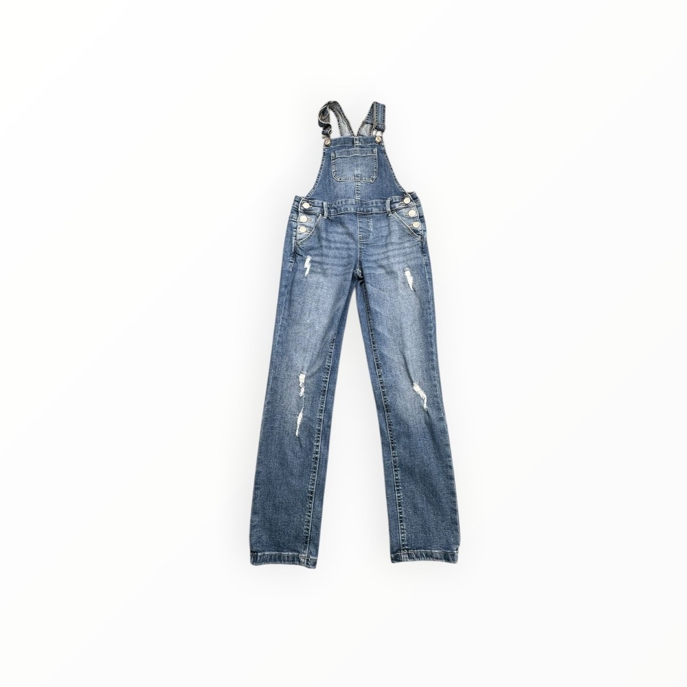 SO Denim Overalls Girls Size 8 Blue Distressed Straight Leg Bib Jumpsuit